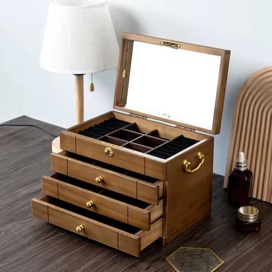 Multifunctional vintage wooden jewelry box with velvet-lined compartments