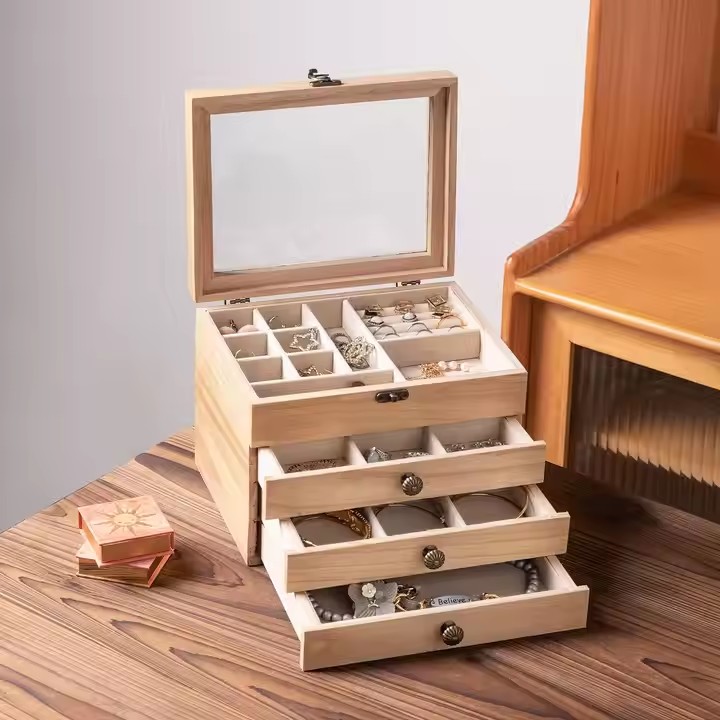 Multifunctional vintage wooden jewelry box with velvet-lined compartments