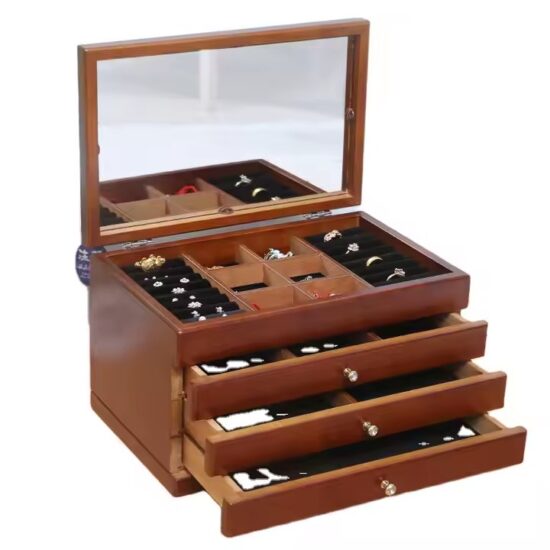 Multifunctional vintage wooden jewelry box with velvet-lined compartments