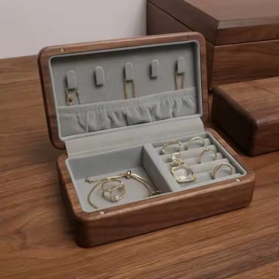 Portable vintage wooden jewelry box with antique finish and clasp
