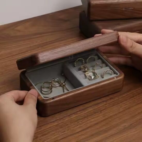 Portable vintage wooden jewelry box with antique finish and clasp
