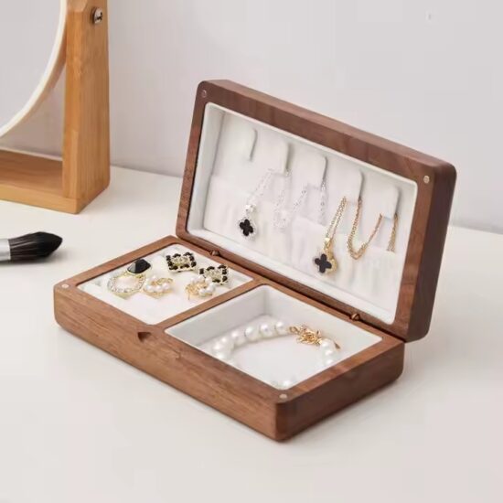Portable vintage wooden jewelry box with antique finish and clasp