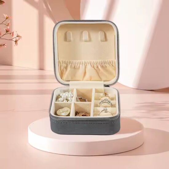 Square Portable Travel Leather Jewelry Box in Elegant Design