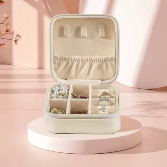 Square Portable Travel Leather Jewelry Box in Elegant Design
