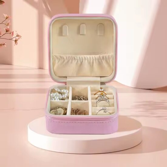 Square Portable Travel Leather Jewelry Box in Elegant Design