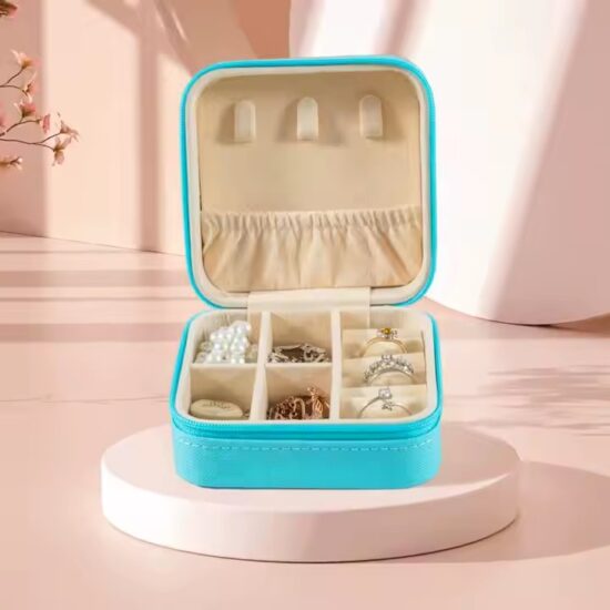 Square Portable Travel Leather Jewelry Box in Elegant Design