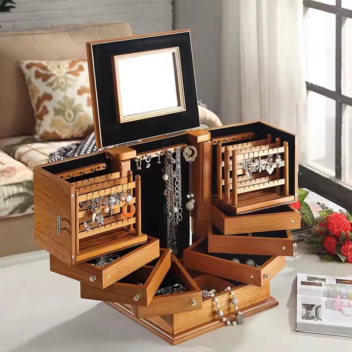Luxury wooden jewelry storage box with multi-compartments and velvet lining
