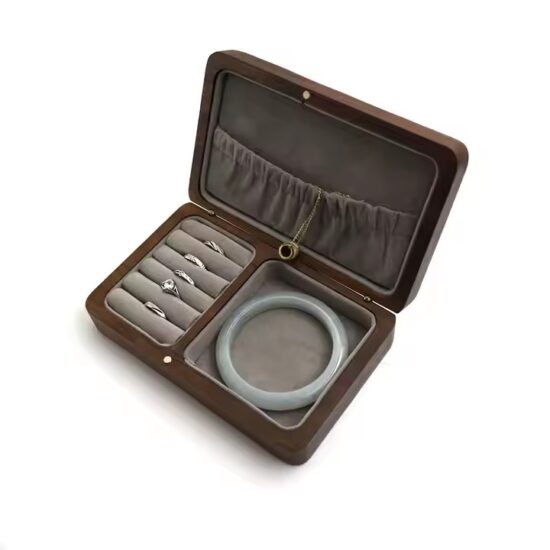 High-end wooden jewelry box with velvet interior and multiple compartments