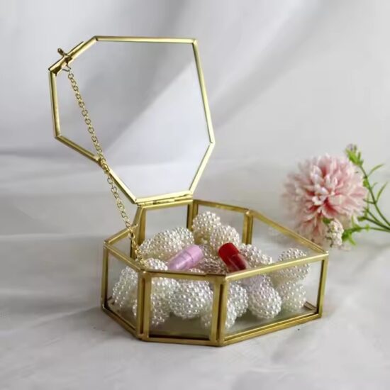 Vintage Transparent Glass Jewelry Box with Gold Metal Frame and Velvet Interior