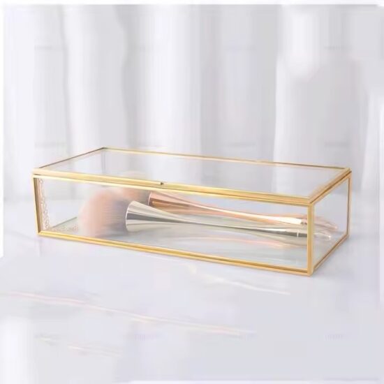 Vintage Transparent Glass Jewelry Box with Gold Metal Frame and Velvet Interior