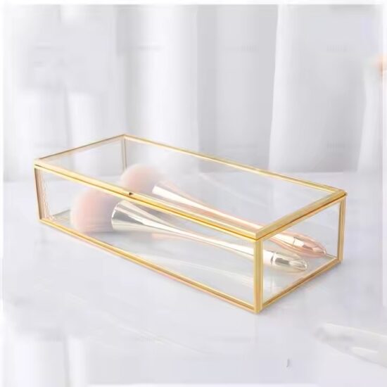 Vintage Transparent Glass Jewelry Box with Gold Metal Frame and Velvet Interior