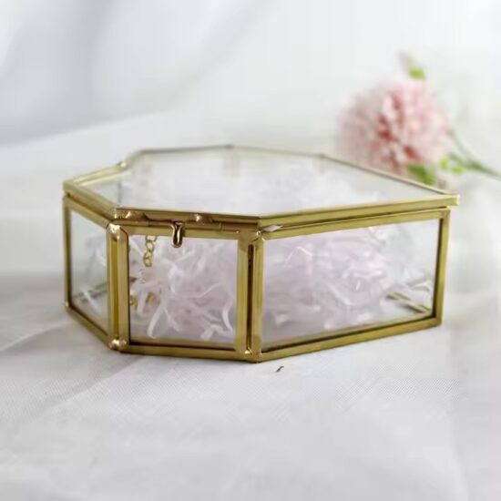 Vintage Transparent Glass Jewelry Box with Gold Metal Frame and Velvet Interior