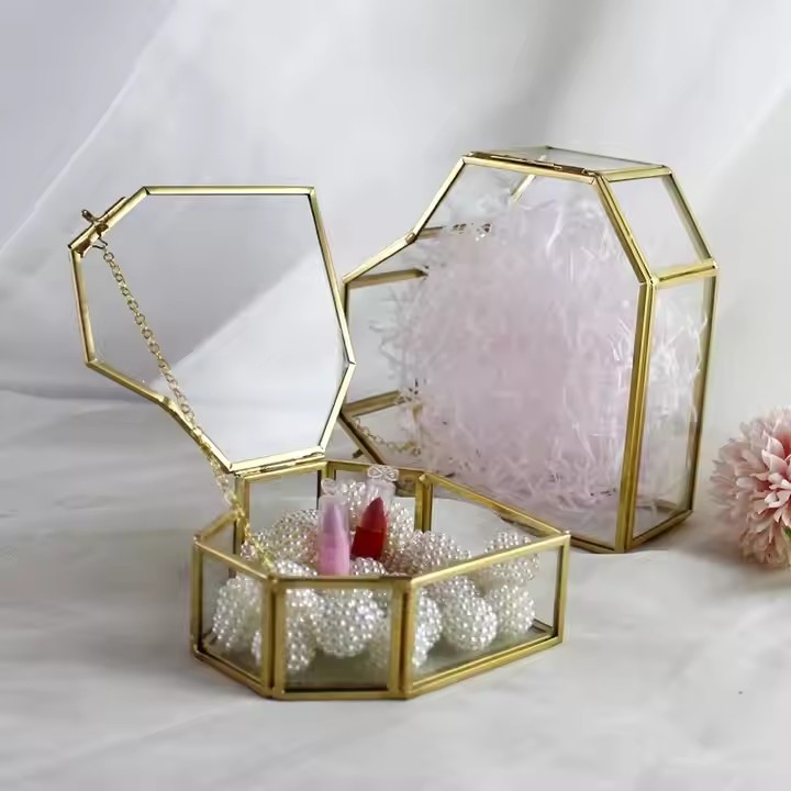 Vintage Transparent Glass Jewelry Box with Gold Metal Frame and Velvet Interior