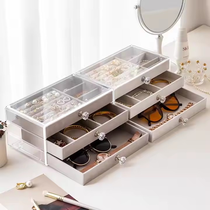 Transparent Acrylic Jewelry Box with Velvet Compartments
