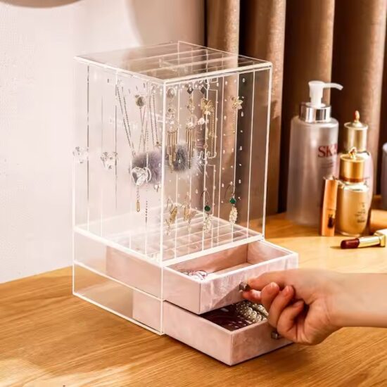 Transparent Acrylic Jewelry Box with Velvet Compartments