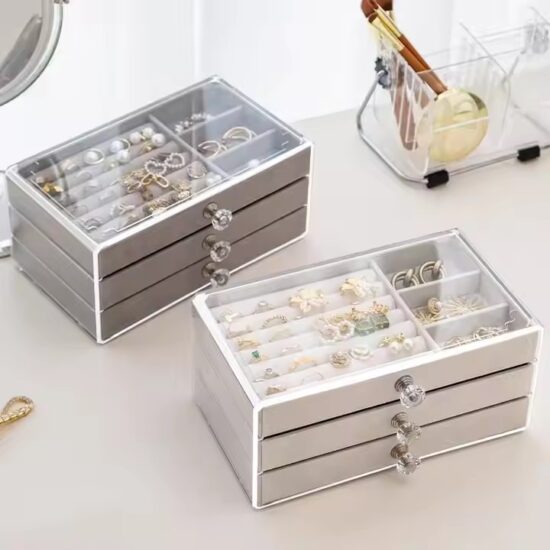 Transparent Acrylic Jewelry Box with Velvet Compartments