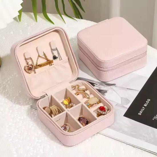 Portable Travel Jewelry Box with Compartments for Rings and Necklaces