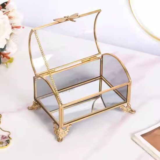 Transparent Wedding Glass Jewelry Box with Velvet Lining and Gold Frame