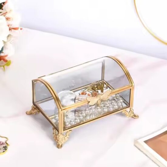 Transparent Wedding Glass Jewelry Box with Velvet Lining and Gold Frame