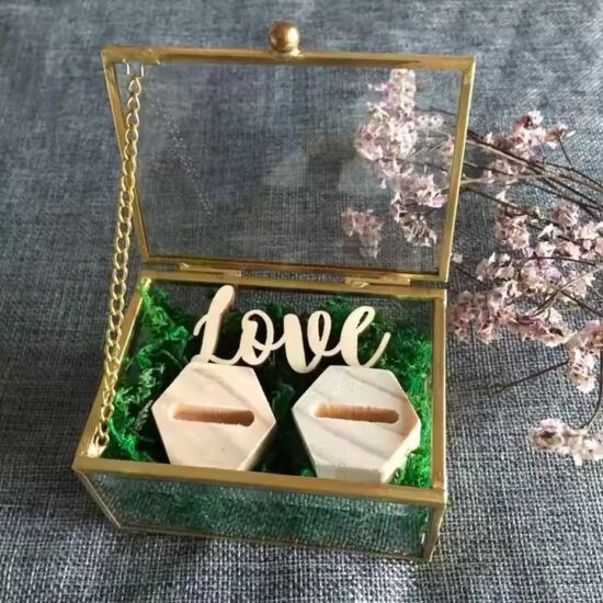 Transparent Wedding Glass Jewelry Box with Velvet Lining and Gold Frame