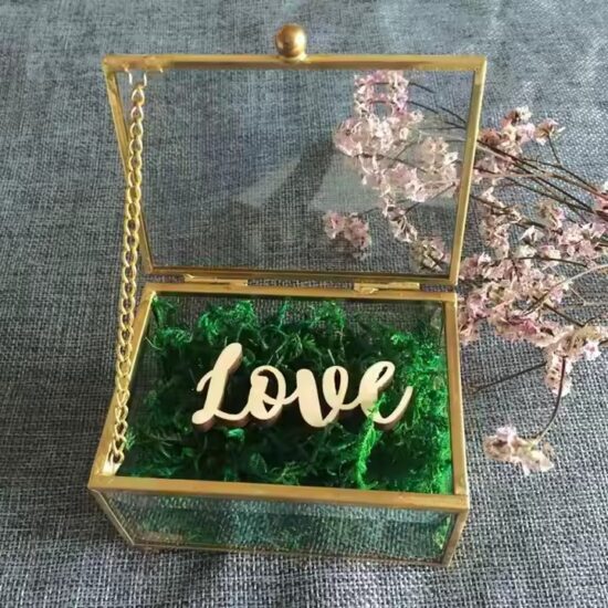 Transparent Wedding Glass Jewelry Box with Velvet Lining and Gold Frame