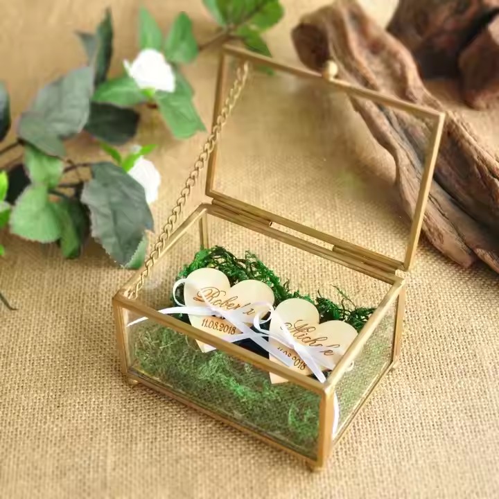 Transparent Wedding Glass Jewelry Box with Velvet Lining and Gold Frame