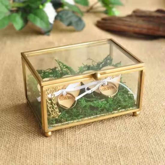 Transparent Wedding Glass Jewelry Box with Velvet Lining and Gold Frame