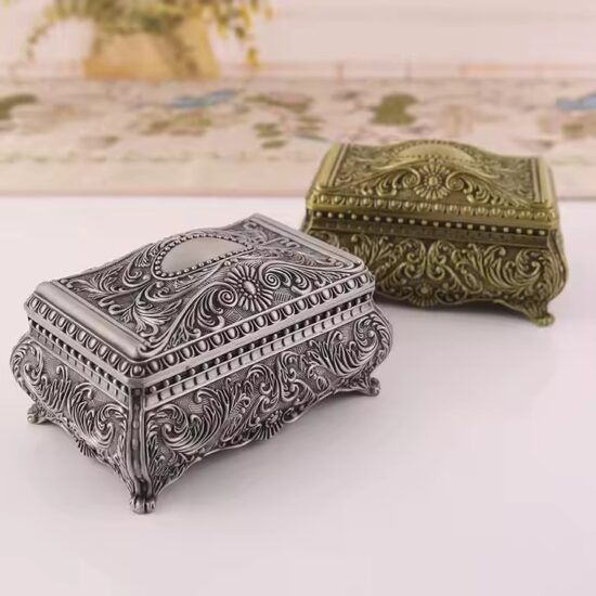 Vintage Metal Jewelry Box with Antique Finish and Ornate Details