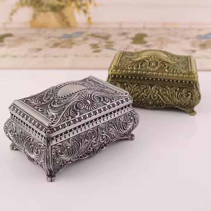 Vintage Metal Jewelry Box with Antique Finish and Ornate Details