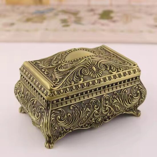 Vintage Metal Jewelry Box with Antique Finish and Ornate Details