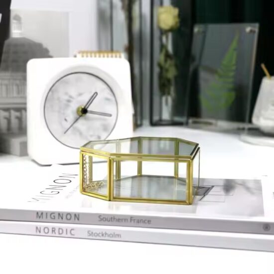 Vintage Style Glass Jewelry Box with Metal Frame and Velvet Interior