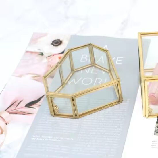 Vintage Style Glass Jewelry Box with Metal Frame and Velvet Interior