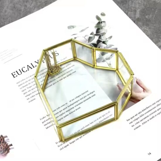 Vintage Style Glass Jewelry Box with Metal Frame and Velvet Interior