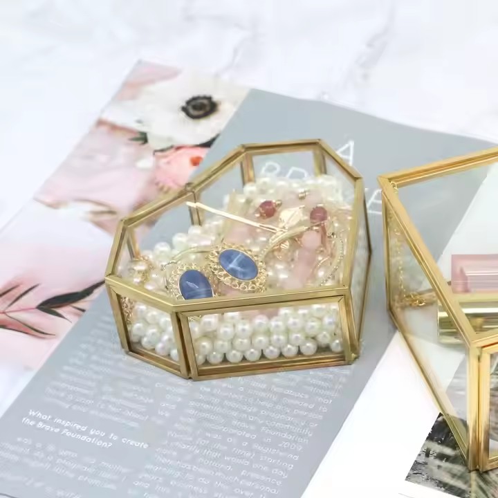 Vintage Style Glass Jewelry Box with Metal Frame and Velvet Interior