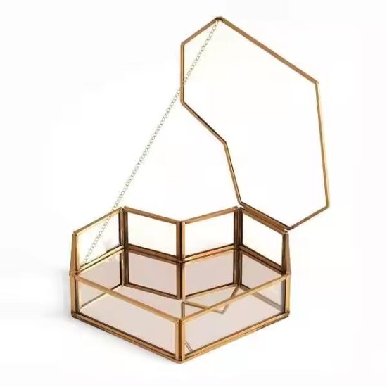 Vintage Style Glass Jewelry Box with Metal Frame and Velvet Interior