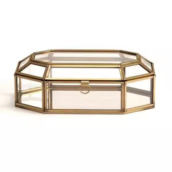 Vintage Style Glass Jewelry Box with Metal Frame and Velvet Interior