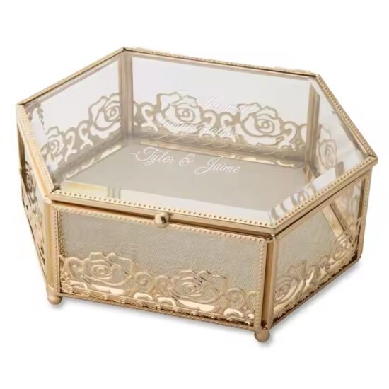 Vintage Style Glass Jewelry Box with Metal Frame and Velvet Interior