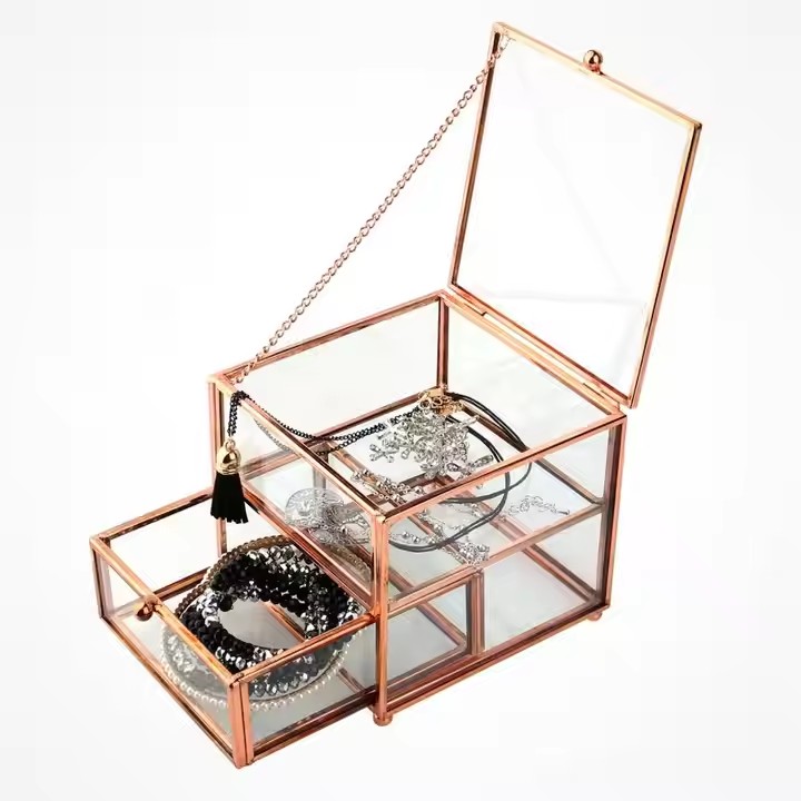 High-Quality Glass Jewelry Organizer with Velvet Lining and Metal Frame