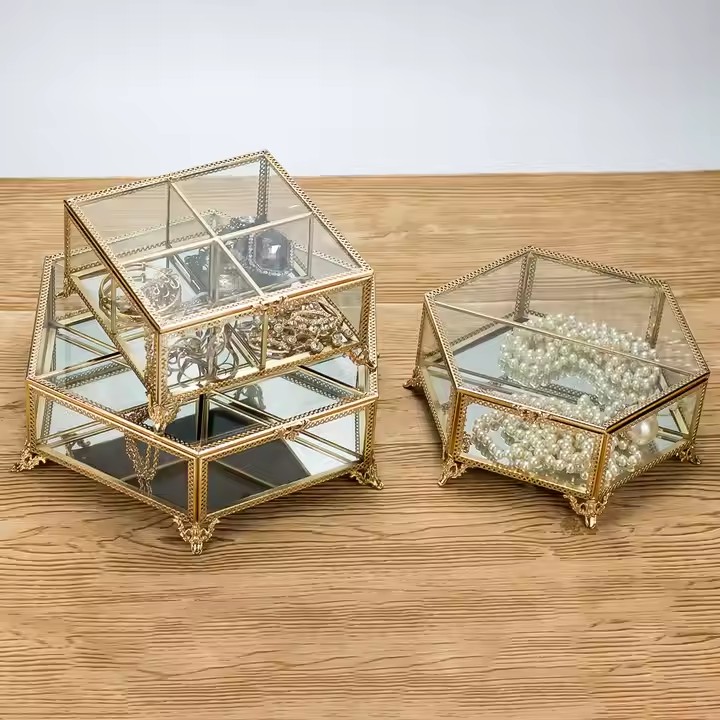 Luxury Modern Transparent Glass Jewelry Box with Velvet Interior