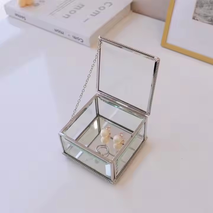Luxury Glass Jewelry Box with Custom Velvet Compartments and Metal Frame