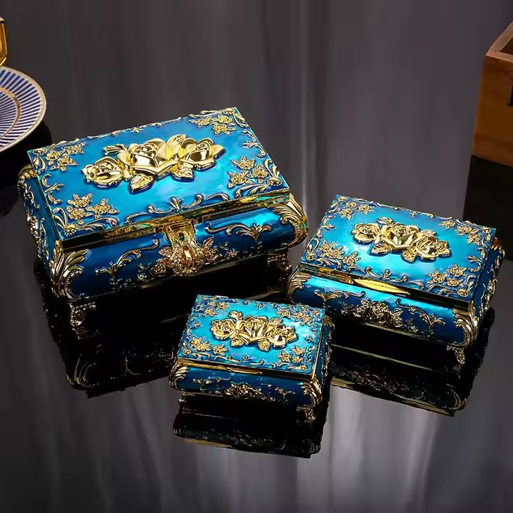 European Style Luxury Metal Jewelry Box with Ornate Detailing