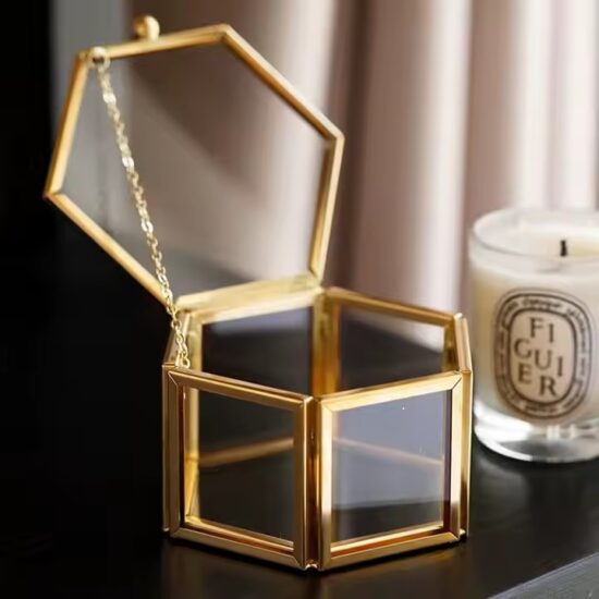 Luxury Glass Jewelry Box with Custom Velvet Compartments and Metal Frame