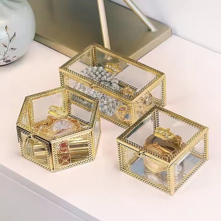 Luxury Glass Jewelry Box with Custom Velvet Compartments and Metal Frame