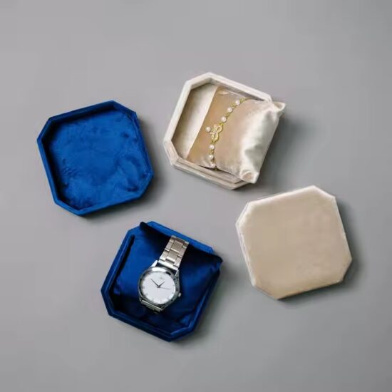 Luxury velvet jewelry box with custom logo and soft-touch design