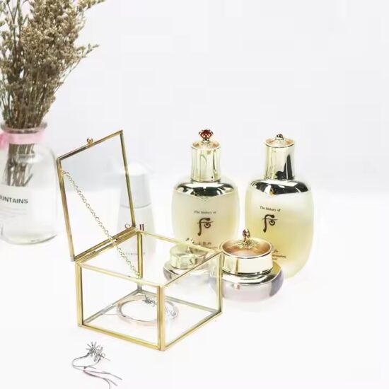 Transparent Glass Jewelry Storage Box with Velvet Lining and Gold Frame