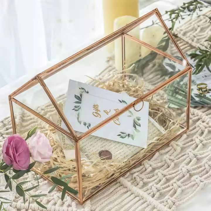 Transparent Glass Jewelry Storage Box with Velvet Lining and Gold Frame