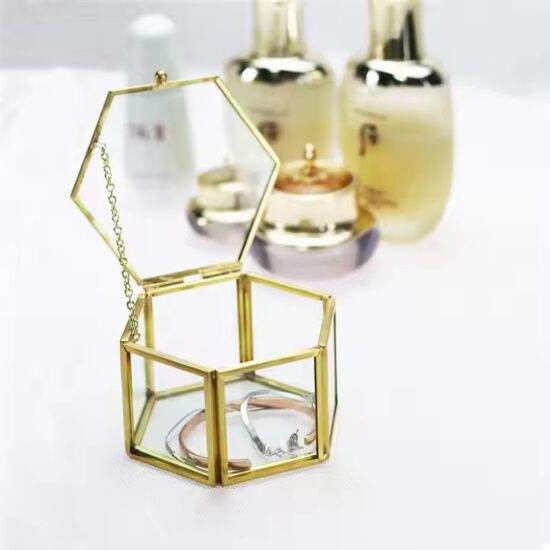 Transparent Glass Jewelry Storage Box with Velvet Lining and Gold Frame