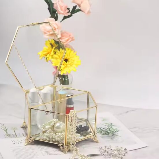 Transparent Glass Jewelry Storage Box with Velvet Lining and Gold Frame