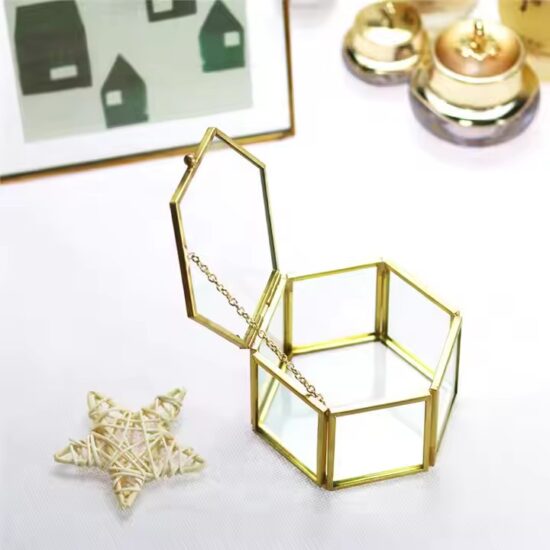 Transparent Glass Jewelry Storage Box with Velvet Lining and Gold Frame