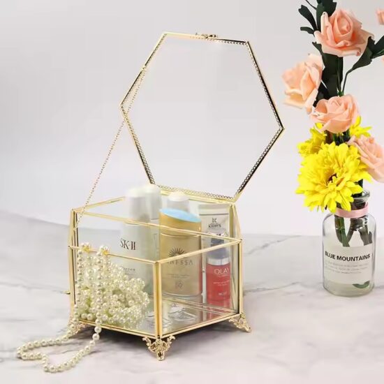 Transparent Glass Jewelry Storage Box with Velvet Lining and Gold Frame
